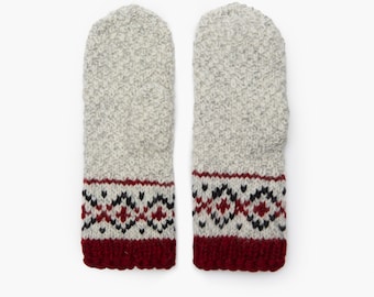 Hand Knitted Pure Organic Wool Mittens with Ornaments, Warm Winter Woolen Women's Gloves, Knitted Vintage Mittens