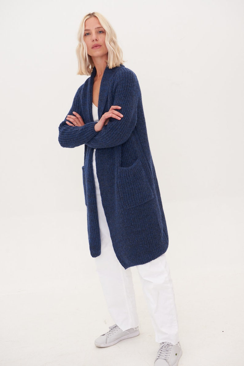 Oversized Merino Cardigan, Knitted Long Cashmere Sweater, Scandinavian Soft Woolen Sweater with Pockets RIVER / navy blue Navy blue