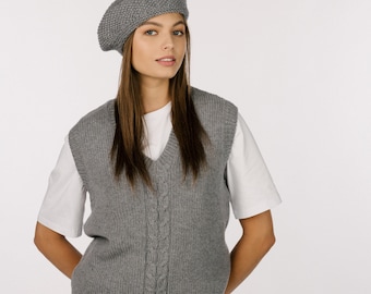 Gilet pull mérinos en cachemire, gilet en laine de cachemire tricoté à la main, débardeur en laine pour femmes, gilet en tricot mérinos vintage sans manches ANNE