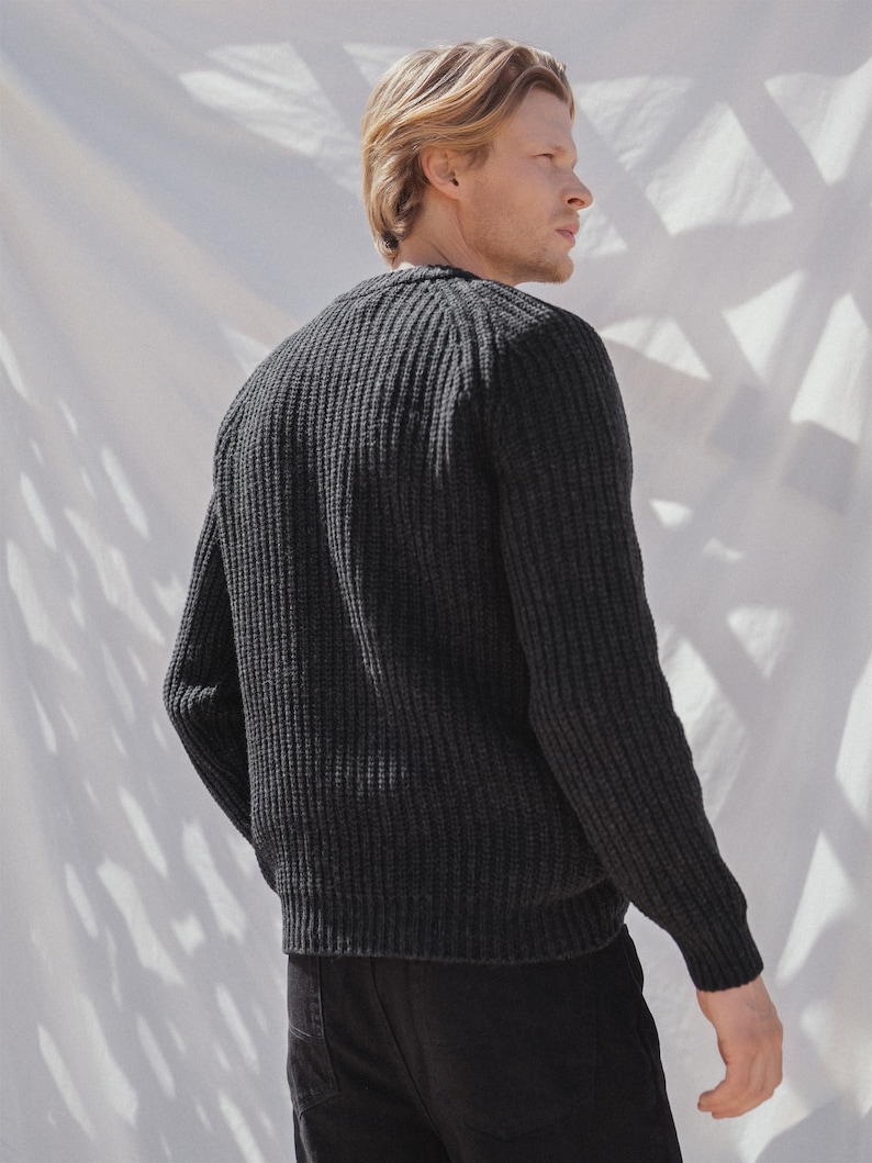 Natural Merino Wool Light Melange Sweater for Man, Knitted Mens Sweater in Scandi Style, Hand Knitted Pullover Sweater TORO / light melange black