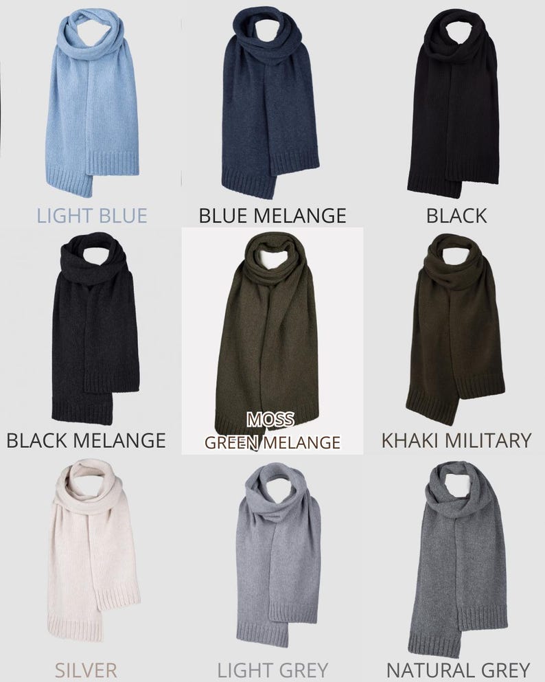 May include: A collection of nine knitted scarves in various colors including light blue, blue melange, black, black melange, moss green melange, khaki military, silver, light grey, and natural grey, each featuring a ribbed hem detail.