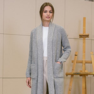 Soft Organic Merino Wool Cardigan with Pockets, Cashmere Long Wool Jacket for Women, RIVER / dark grey Light gray