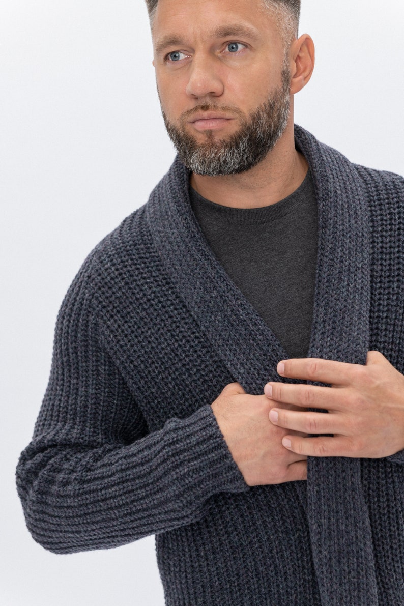 Handmade Cardigan for Men, Dark Gray Color Open Front Sweater in Scandinavian Style, Pure Merino Wool Cardigan for Dad BENJAMIN image 4