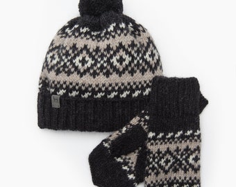 Natürliche Merino und Kaschmirwolle Mütze und Handschuhe, Vintage Mütze, gestrickte Bommelmütze, warme Unisex Wintermütze, versandfertig, Weihnachtsgeschenk