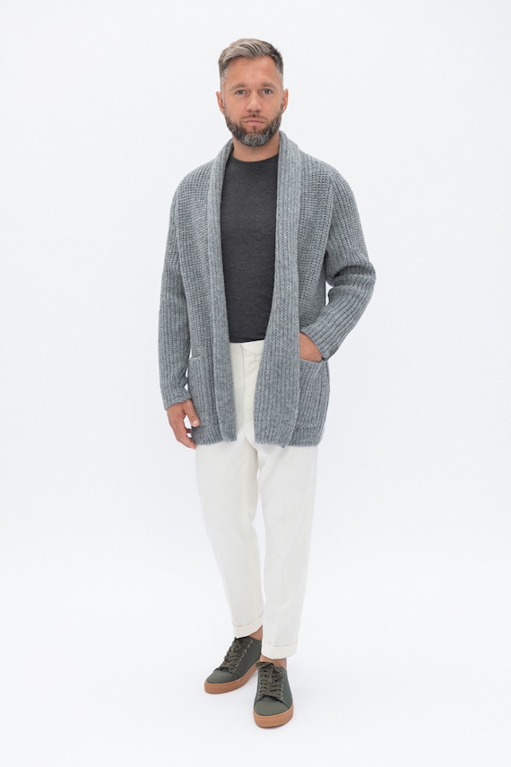 Merino Wool Natural Gray Cardigan for Men, Scandinavian Style Mens