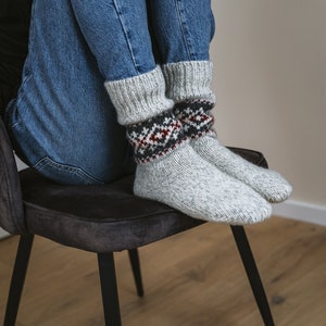 Ready to Ship Knitted Warm Winter Socks, Hand Knitted Scandinavian Style Boots Socks, Handgestrickte Socken Woolen Socks for Christmas Gift light melange / red