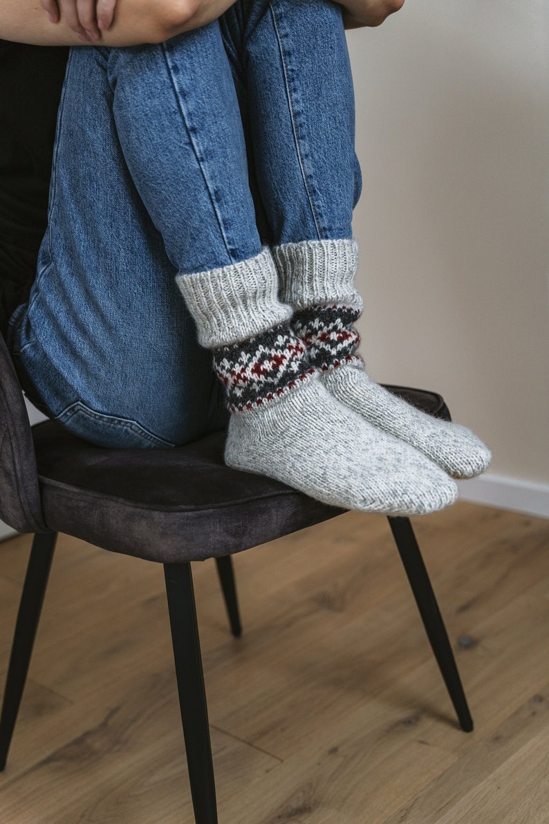 Ready to Ship Knitted Warm Winter Socks, Hand Knitted Scandinavian Style Boots Socks, Handgestrickte Socken Woolen Socks for Christmas Gift light melange / red