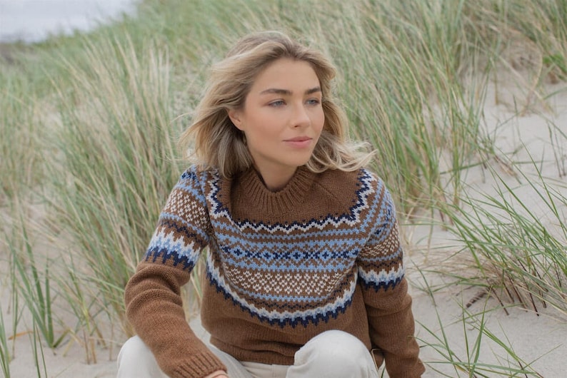 Fair Isle Cashmere Pullover, Brown Merino wool nordic jumper, Women scandinavian style warm sweater, Natural wool knitted pullover VETRA image 1