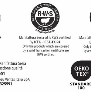 May include: A collection of textile certification logos including GOTS, Responsible Wool Standard, Responsible Mohair Standard, ISO 9001, and OEKO-TEX Standard 100. The text includes Manifattura Sesia srl, ICEA-TX-94, IT325591, and 17CX00001 CENTROCOT.