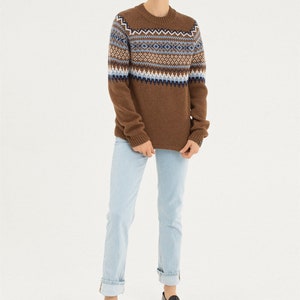 Fair Isle Cashmere Pullover, Brown Merino wool nordic jumper, Women scandinavian style warm sweater, Natural wool knitted pullover VETRA image 6