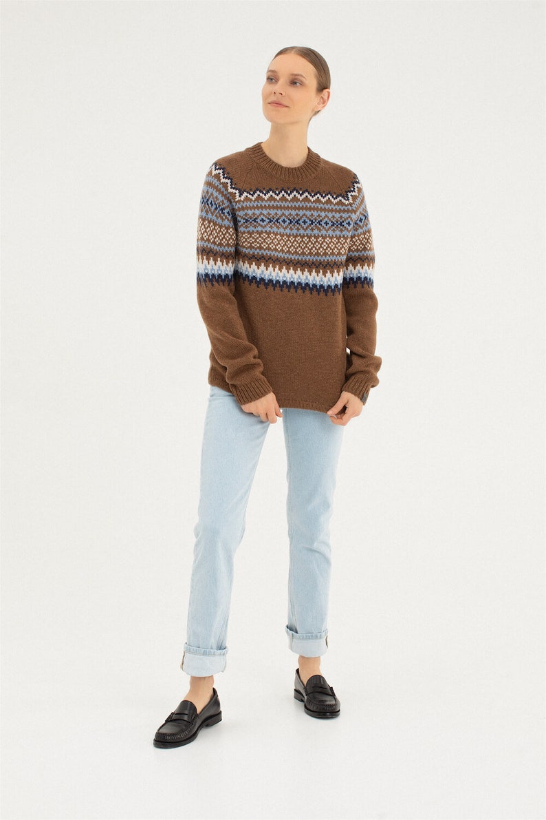 Fair Isle Cashmere Pullover, Brown Merino wool nordic jumper, Women scandinavian style warm sweater, Natural wool knitted pullover VETRA image 6