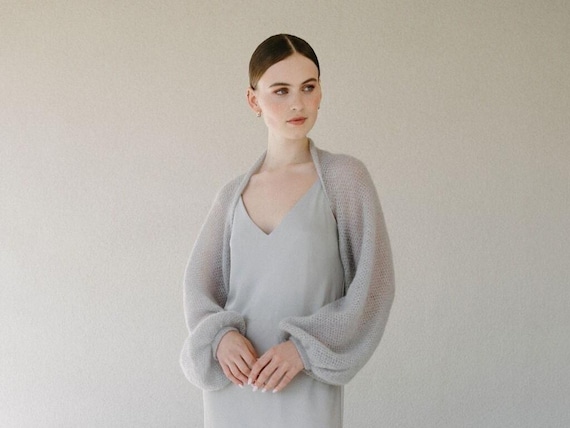Balloon Sleeves Wedding Shrug, Mohair Bolero Shrug, Grey Bridal