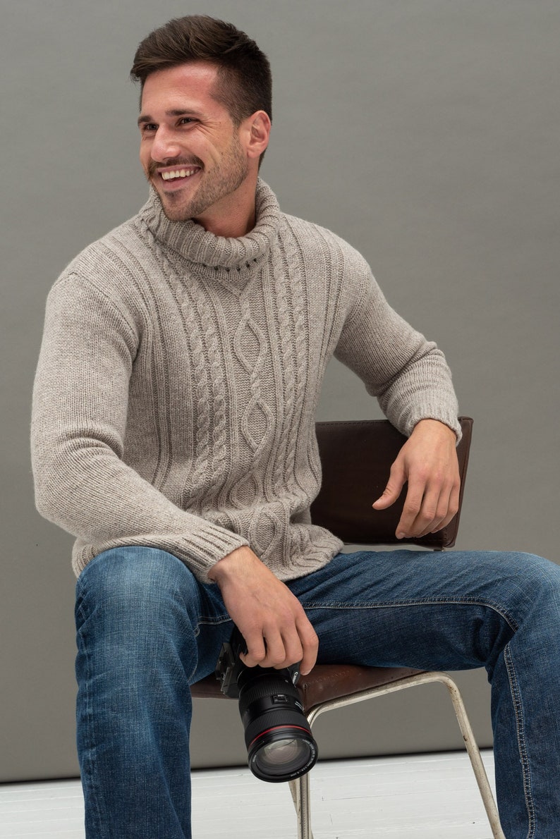 Merino Wool Turtleneck Sweater, Men's Turtleneck, Natural Wool Turtleneck Top, Hand Knitted Pullover HUGO Cacao