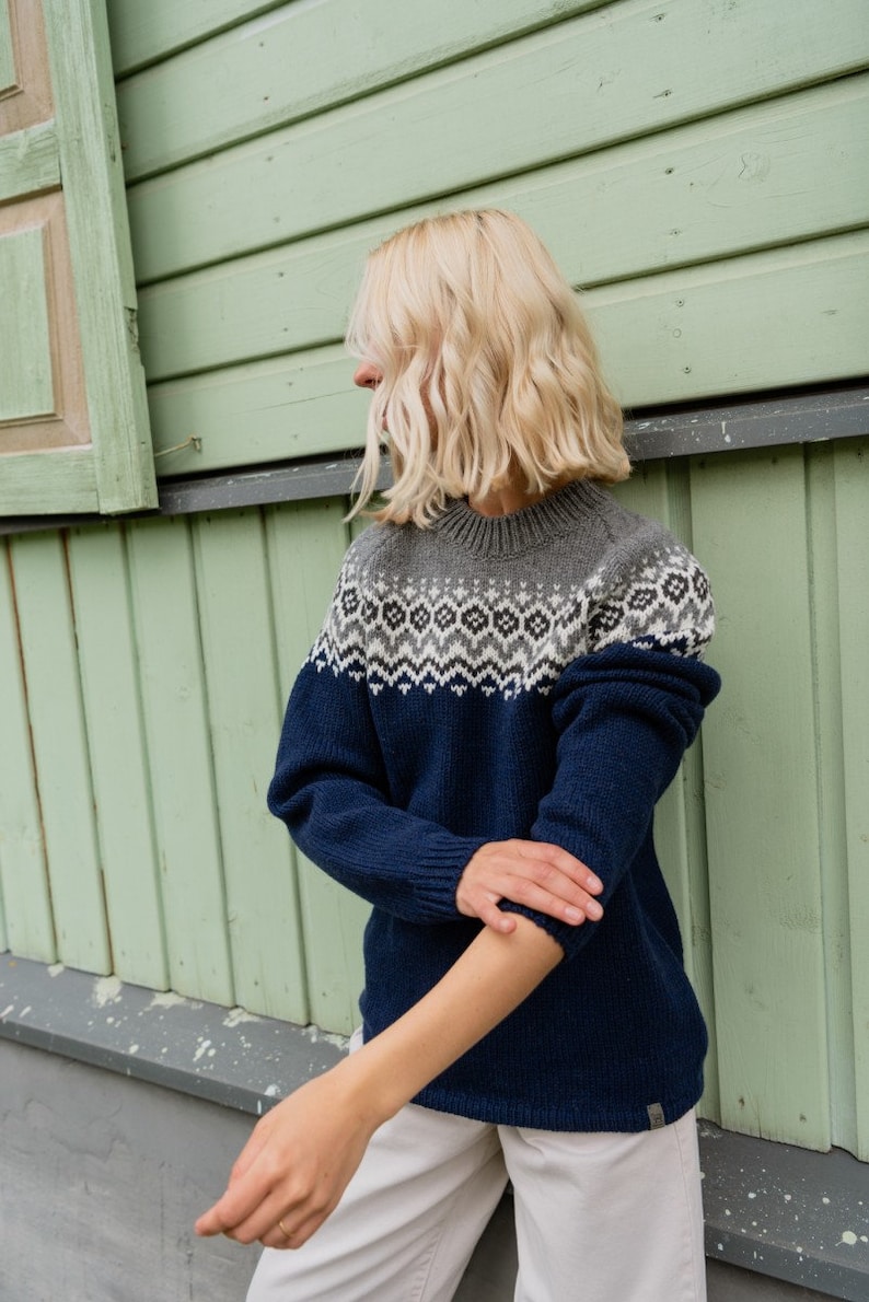May include: A navy blue sweater with a white and gray geometric pattern around the neck. The sweater is made of a soft, knitted fabric.