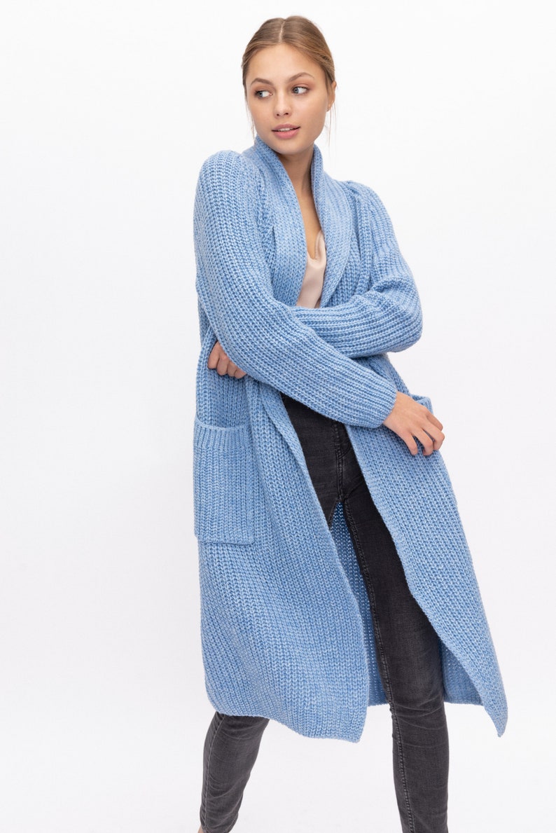 Hand knitted cashmere cardigan, Natural merino wool jacket, Women's long coat with pockets, Warm woolen coat OREGON / dark grey image 5