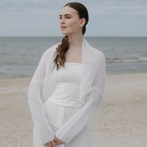 White Wedding Bolero Shawl, Luxury Bridal Cover up, Modern Wedding Shawl, Elegant Mohair Cover up, Women Mohair Shrug/ AURA