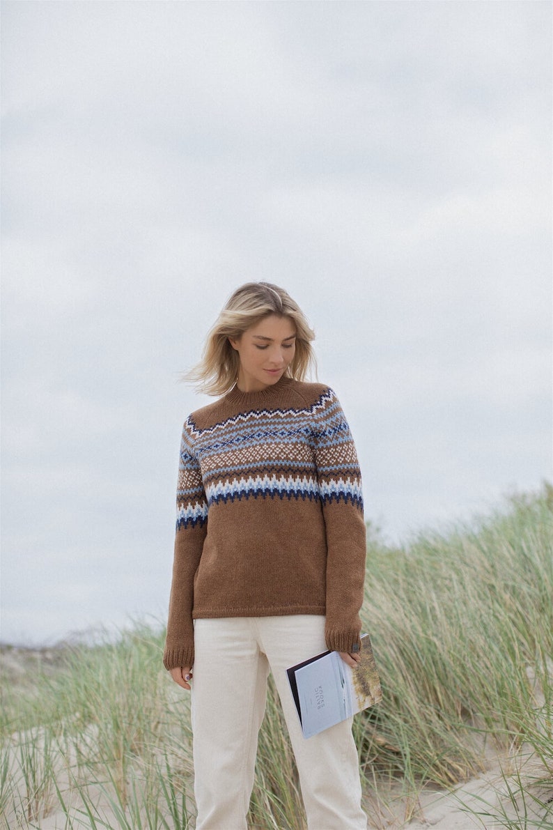 Fair Isle Cashmere Pullover, Brown Merino wool nordic jumper, Women scandinavian style warm sweater, Natural wool knitted pullover VETRA image 4