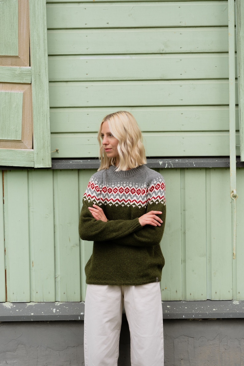 Simple Womens Green Pullover Knitted Woolen Sweater in Scandi Style TORI Nordic Merino Wool Jumper