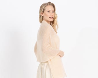 Brautstrickschal Elfenbein, Mohair Hochzeitsschal, Eleganter Schal für Braut, leichter Hochzeitsschal, weißer Schal für Braut / ANNA