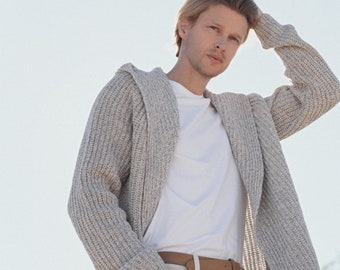 Cardigan haut de gamme fabriqué à la main pour hommes - tricot de laine mérinos luxueusement doux, cardigan d'hiver classique, pull confortable en laine mérinos / DANTE