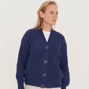 Hand knit vintage merino buttoned sweater, Womens cashmere wool jumper, Woolen knitted sweater ROSSO / denim blue