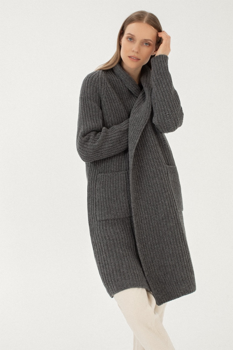 Womens Merino Wool Cardigan, Cashmere Sweater, Organic Wool Long Coat with Pockets, Loose Fit Merino Jacket RIVER image 8
