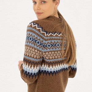 Fair Isle Cashmere Pullover, Brown Merino wool nordic jumper, Women scandinavian style warm sweater, Natural wool knitted pullover VETRA image 7