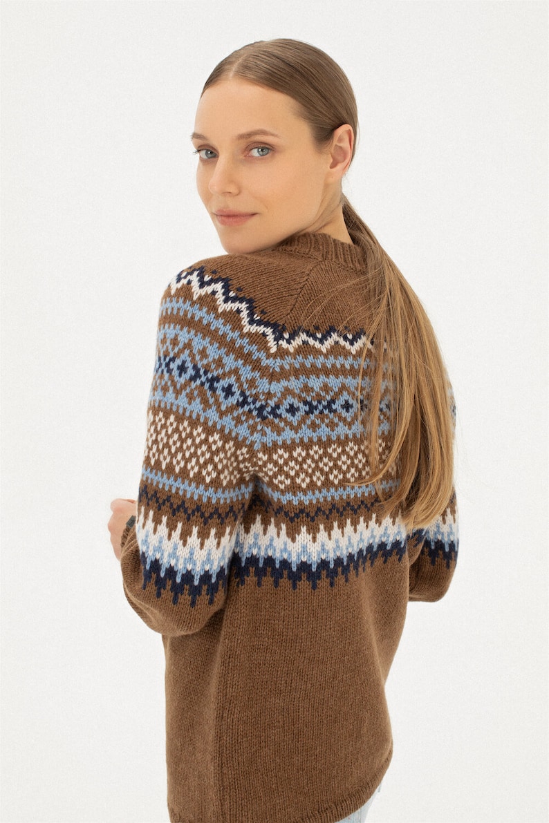 Fair Isle Cashmere Pullover, Brown Merino wool nordic jumper, Women scandinavian style warm sweater, Natural wool knitted pullover VETRA image 7
