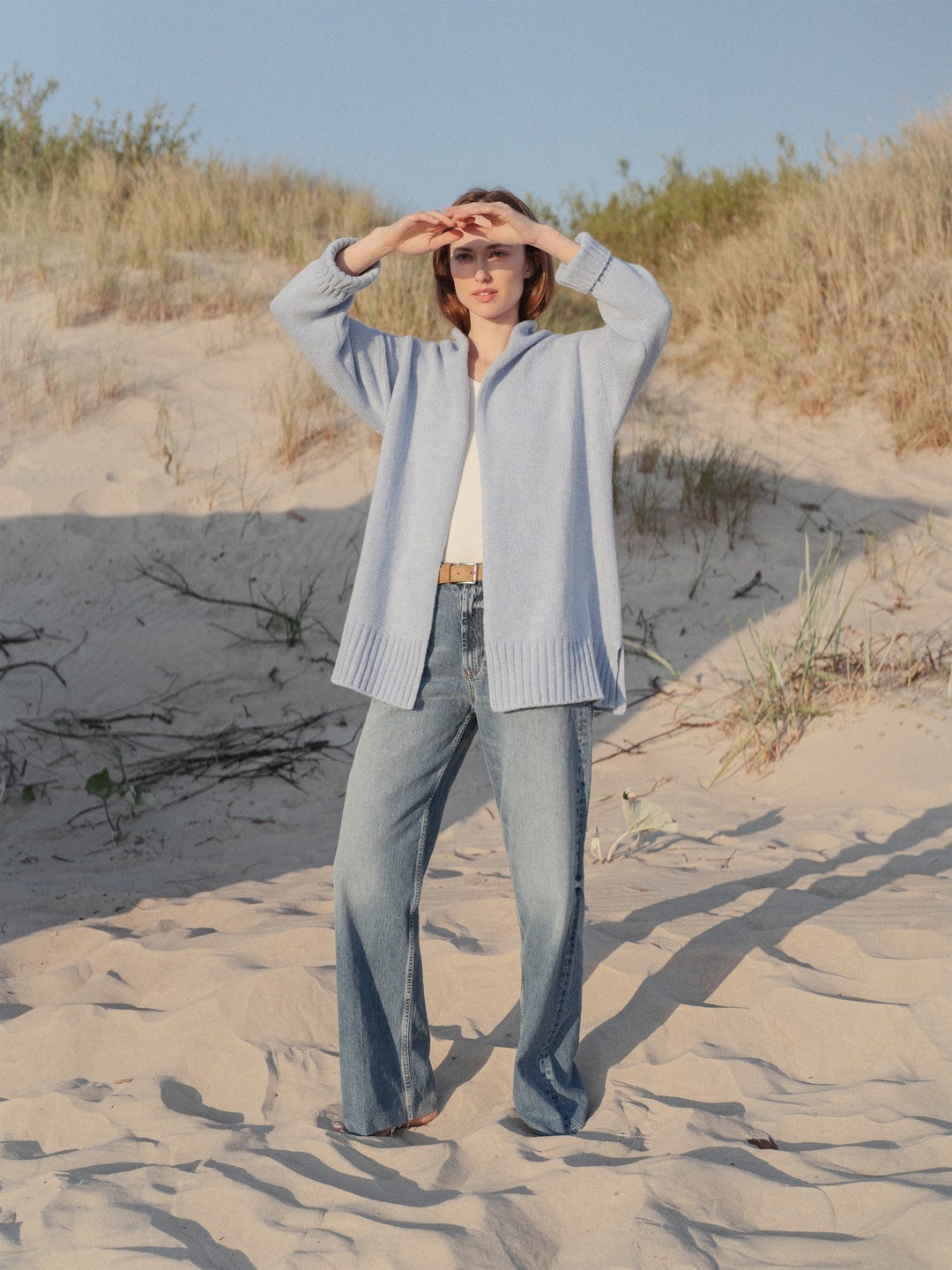 Sky Blue Knit Cardigan, Women's Plus Size Minimalist Sweater