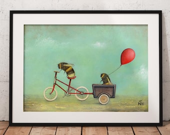 Bee Art Print, Insect Wall Art, Mother's Day Gift, Nursery Decor, Bicycle, Balloon Print, Whimsical Art, Bumblebee, Bee Print