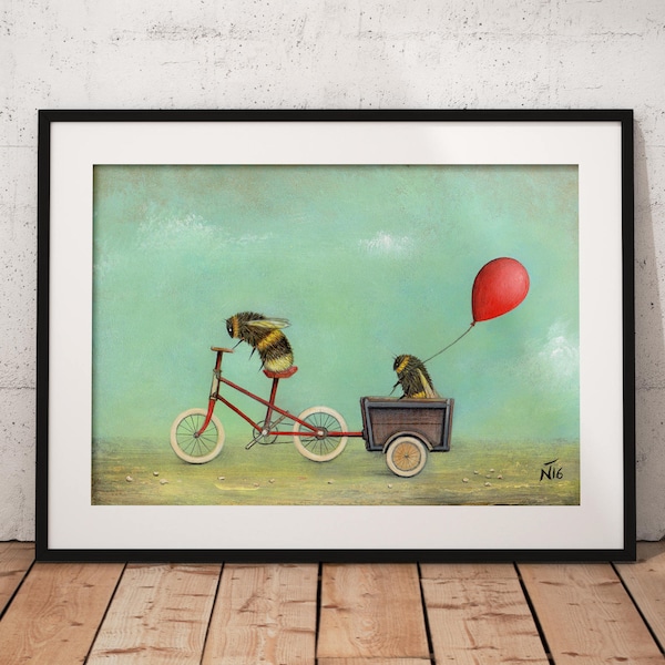 Bee Art Print, Insect Wall Art, Mother's Day Gift, Nursery Decor, Bicycle, Balloon Print, Whimsical Art, Bumblebee, Bee Print