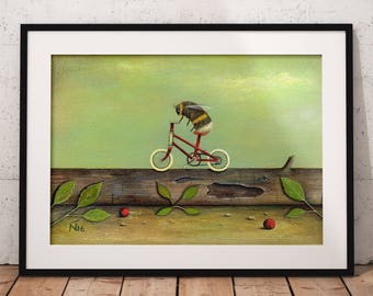 Bee Art Print, Quirky Gift Idea, Bicycle Print, Bee Art Print, Gardener Gift, Insect Wall Art, Wildlife & Nature, Nursery Decor, Home Decor