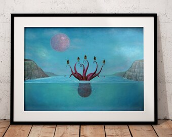 Octopus Art Print, Octopus Illustration, Bumblebee Print, Bumble Bee Art Print, Peculiar Idea De Regalo, Paisaje Marino, Decoración De Pared, Habitación Infantil