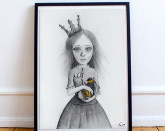 Queen bee print bumblebee painting insect illustration pencil sketch art nursery and home decor christmas gift idea mothers day