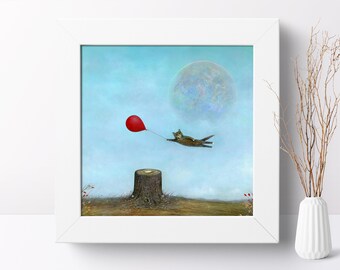Arte del gato, impresión del gato, arte de la luna llena, arte original de la pared, arte peculiar, decoración de la pared, pluma blanca, arte del globo rojo, impresión del arte caprichoso