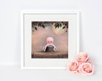 Octopus Print, Pink Art Print, Quirky Gift Idea, Woodland Art Print, Full Moon Print, Pink Octopus Art, Whimsical Gift, Sea Life Print