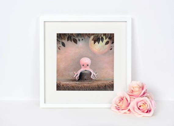 Octopus Print, Pink Art Print, Quirky Gift Idea, Woodland Art Print, Full Moon Print, Pink Octopus Art, Whimsical Gift, Sea Life Print