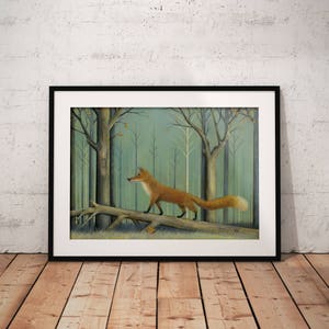 May include: A painting of a red fox walking on a fallen log in a forest. The forest is painted in shades of green and brown, with a few yellow leaves scattered on the ground.