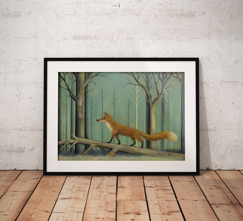 May include: A painting of a red fox walking on a fallen log in a forest. The forest is painted in shades of green and brown, with a few yellow leaves scattered on the ground.