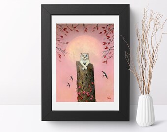 Impresión de arte de gato, pintura de gato, impresión de gato, impresión de gato caprichosa, arte de gato, decoración de gato, decoración del hogar, arte de pared, arte único, regalo de gato, amante de los gatos