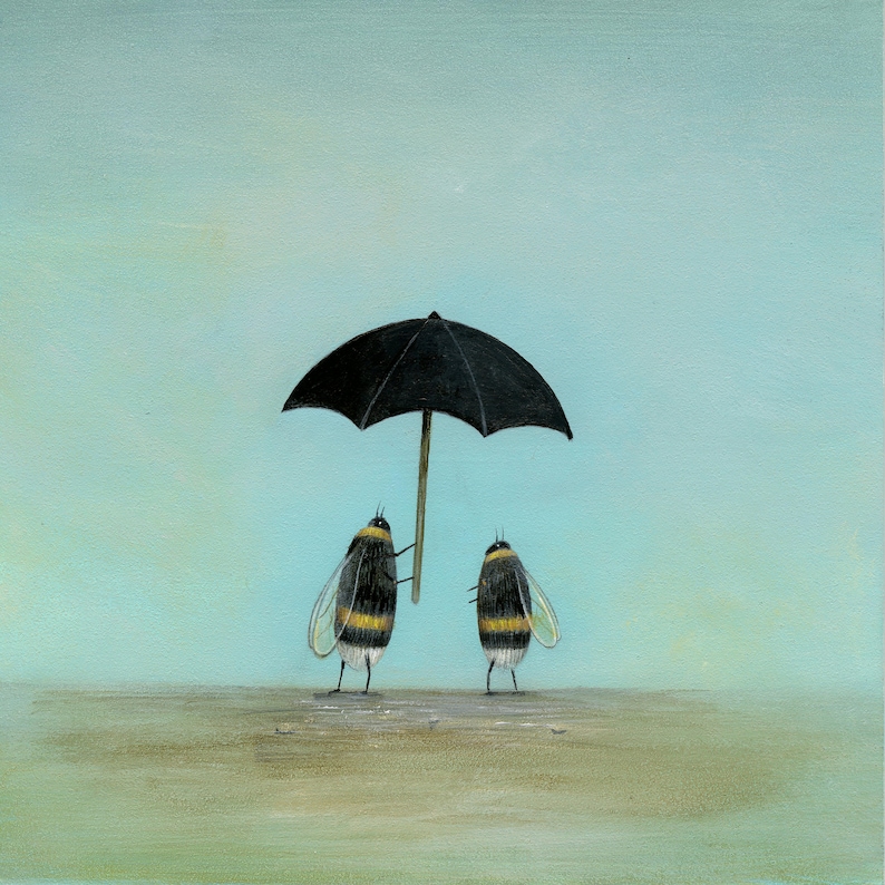 May include: Two cartoon bumblebees stand under a black umbrella against a light blue background. The bees are black and yellow with small, white wings.