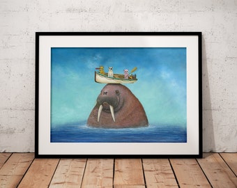 Walrus Art Print, Cat Art Print, Seascape Print, Boat Art, Quirky Gift Idea, Wall Decor, Wall Art, Nature Art, Ocean Print
