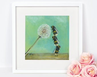 Bee Art Print, Idea De Regalo Peculiar, Arte De Diente De León, Decoración De Viveros, Día De La Madre, Arte De La Naturaleza, Impresión De Vida Silvestre, Arte De Pared De Insectos, Arte De Amistad