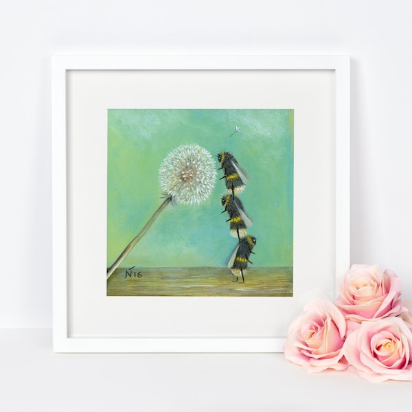 Bee Art Print, Quirky Gift Idea, Dandelion Art, Nursery Decor, Mother's Day, Nature Art, Wildlife Print, Insect Wall Art, Friendship Art