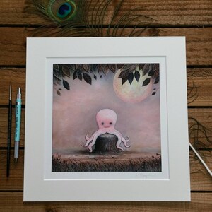 May include: A pink octopus with a smiling face sits on a tree stump in a forest setting. The moon is visible in the sky, and there are leaves hanging from the trees.