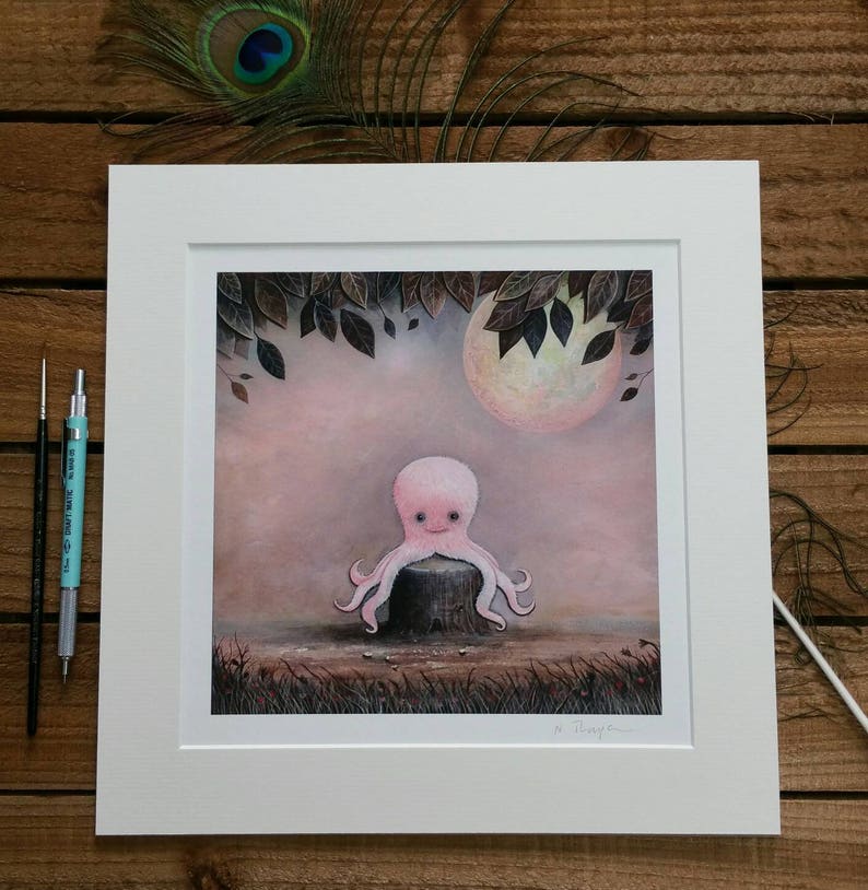 May include: A pink octopus with a smiling face sits on a tree stump in a forest setting. The moon is visible in the sky, and there are leaves hanging from the trees.