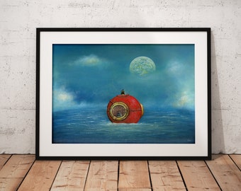 Bee Art Print, Seascape Art, Nautical Wall Art, Nursery Decor, Quirky Gift Idea, Moon Art Print, Ocean Art, Bumblebee art Print, Wildlife