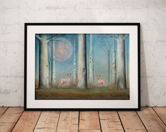 Pink Deer Wall Art - Deer Fine Art Print - Wildlife Painting - Nature Artwork - Gift Idea - Forest Print - Full Moon Art