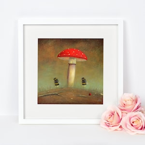Bee Print, Toadstool Print, Quirky Gift Idea, Mushroom Art, Nursery Decor, Insect Wall Art, Bee Art Print, Wildlife Print, Nature Art