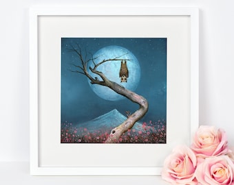 Lámina de murciélago, arte gótico, arte de luna llena, idea de regalo original, habitación de niños, arte de pared, arte animal, arte de árboles, impresión de cielo nocturno, arte de vida silvestre